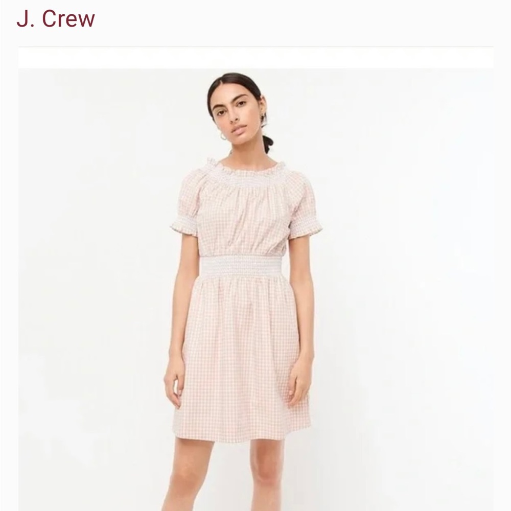 J Crew Smocked Puff Sleeve Cotton Poplin Dress